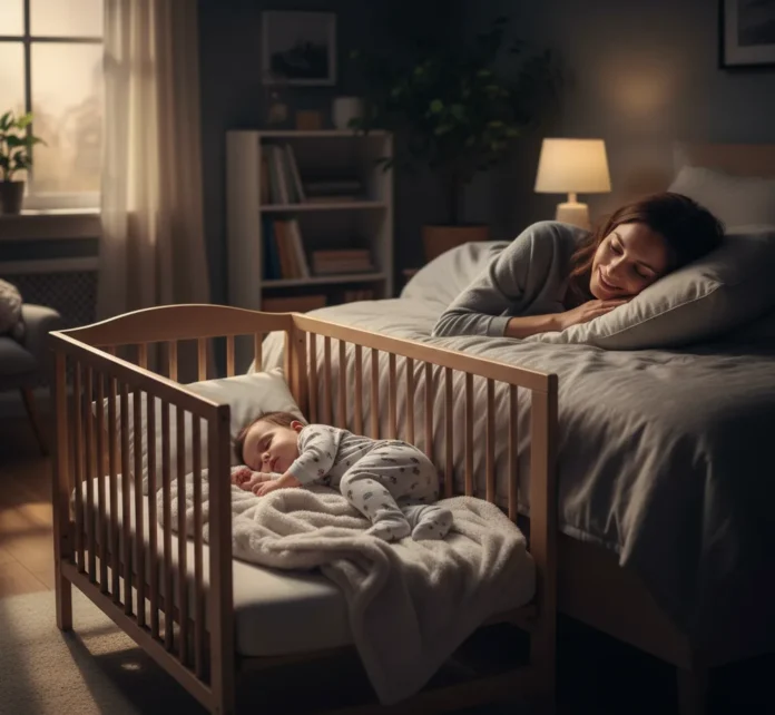 Baby sleeping peacefully in crib after 12-month sleep regression is resolved.