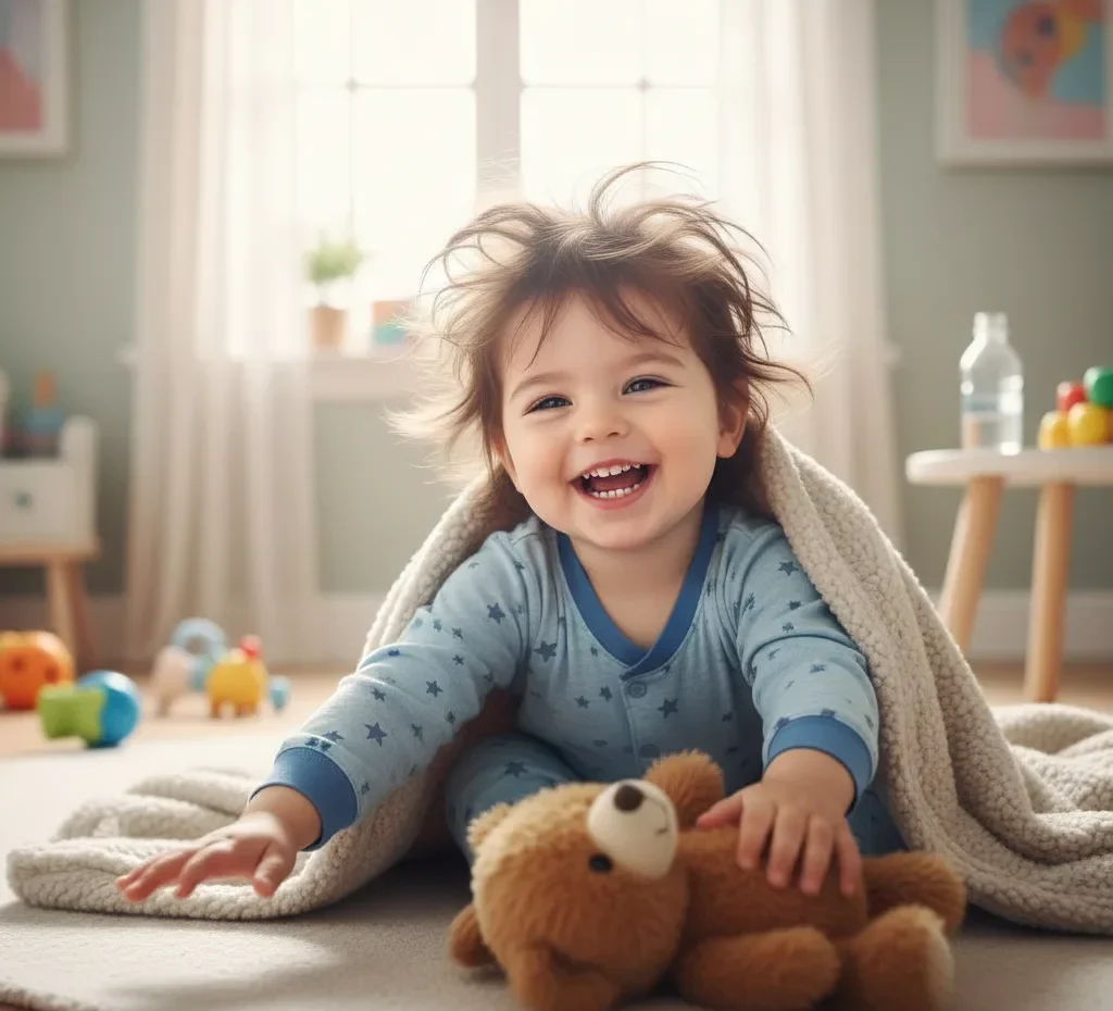 Smiling toddler wrapped in a soft, striped blanket, feeling cozy during the 18-month sleep regression.