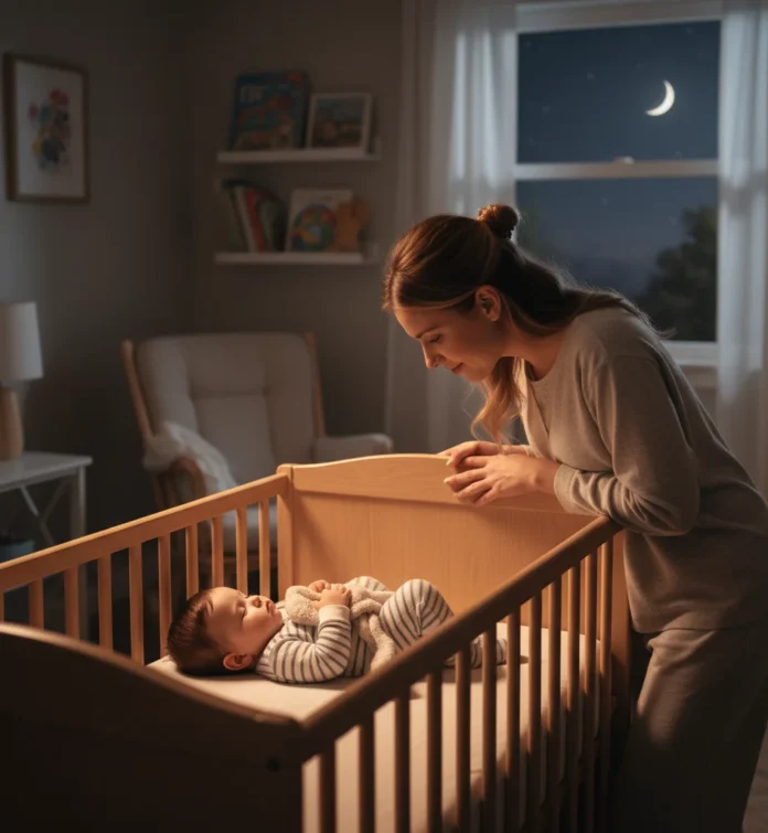 Mother looking at baby in crib at night during 4-month sleep regression