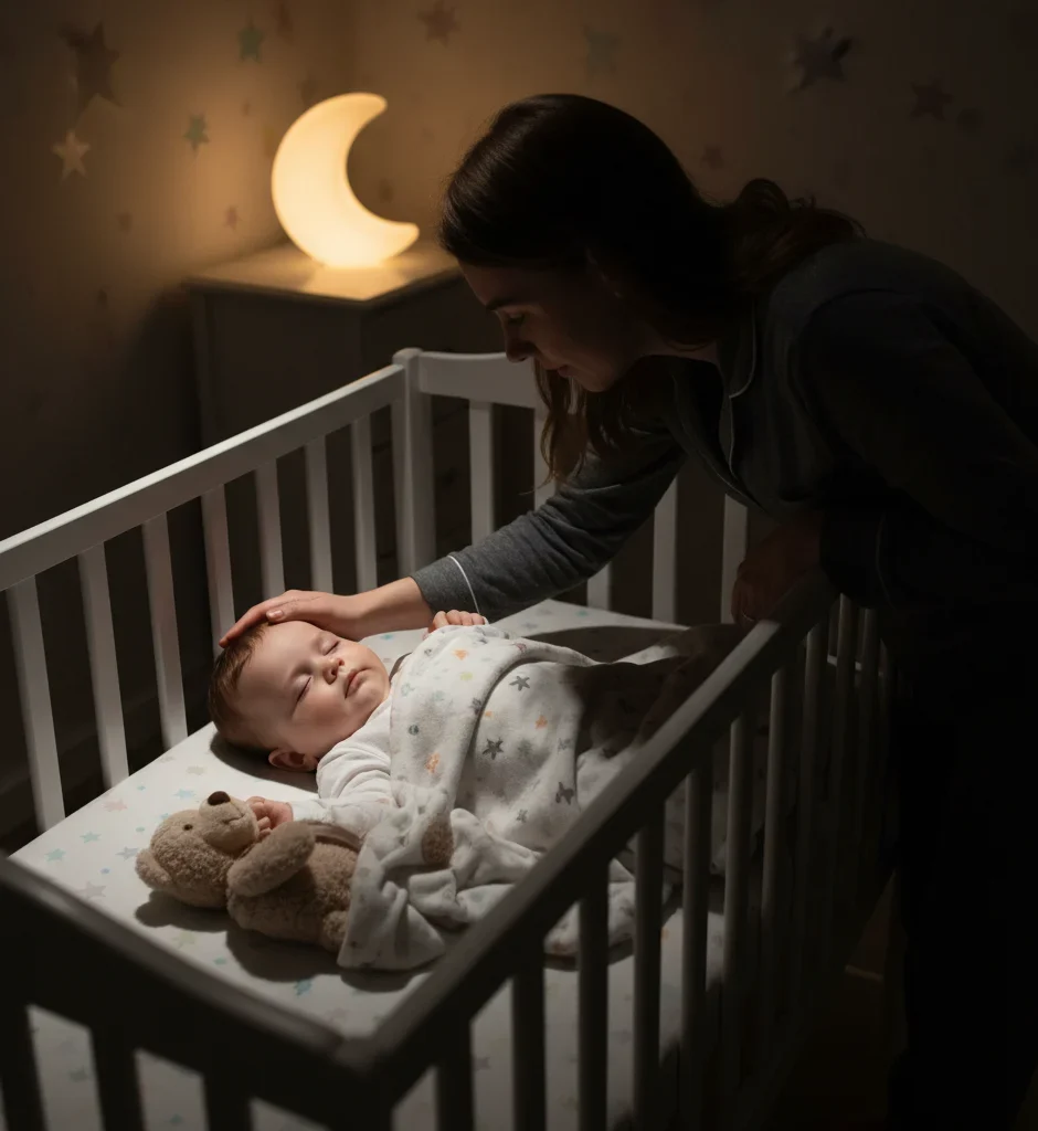 Peaceful 6-month-old baby sleeping soundly in a crib at night, representing successful solutions to stop sleep regression and night wakings.