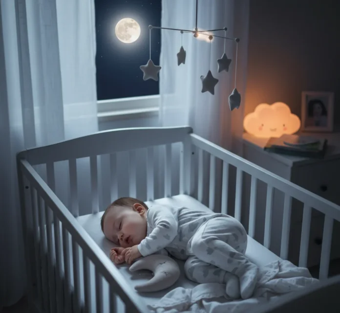 6-month-old baby sleeping peacefully in a crib with a moon night light and mobile, illustrating solutions for 6-Month-Sleep-Regression.