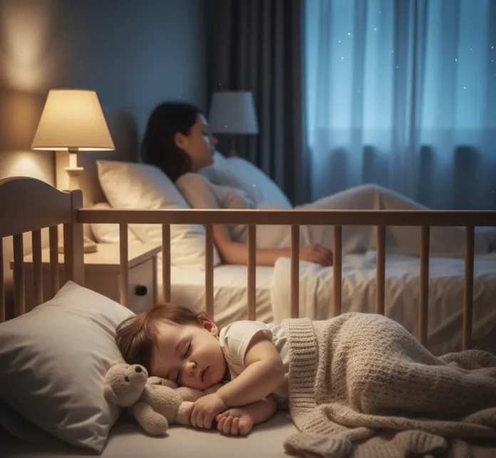 Baby sleeping peacefully in crib; a fix for the 8-month sleep regression.