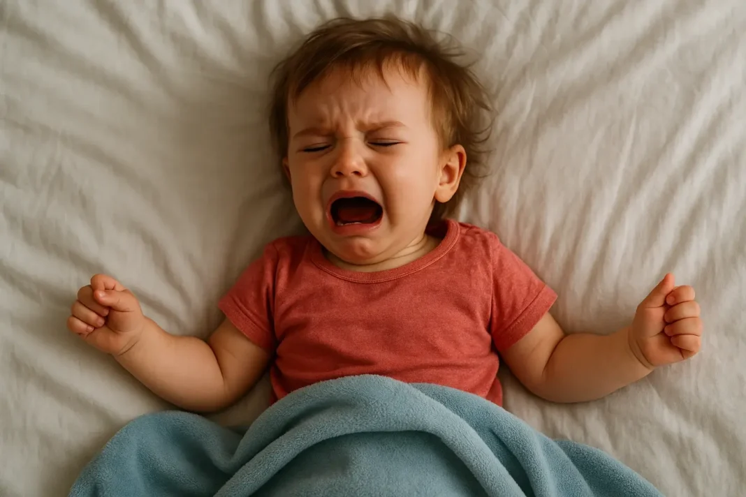 Baby crying intensely while lying in bed, a common visual symptom of a sleep regression.