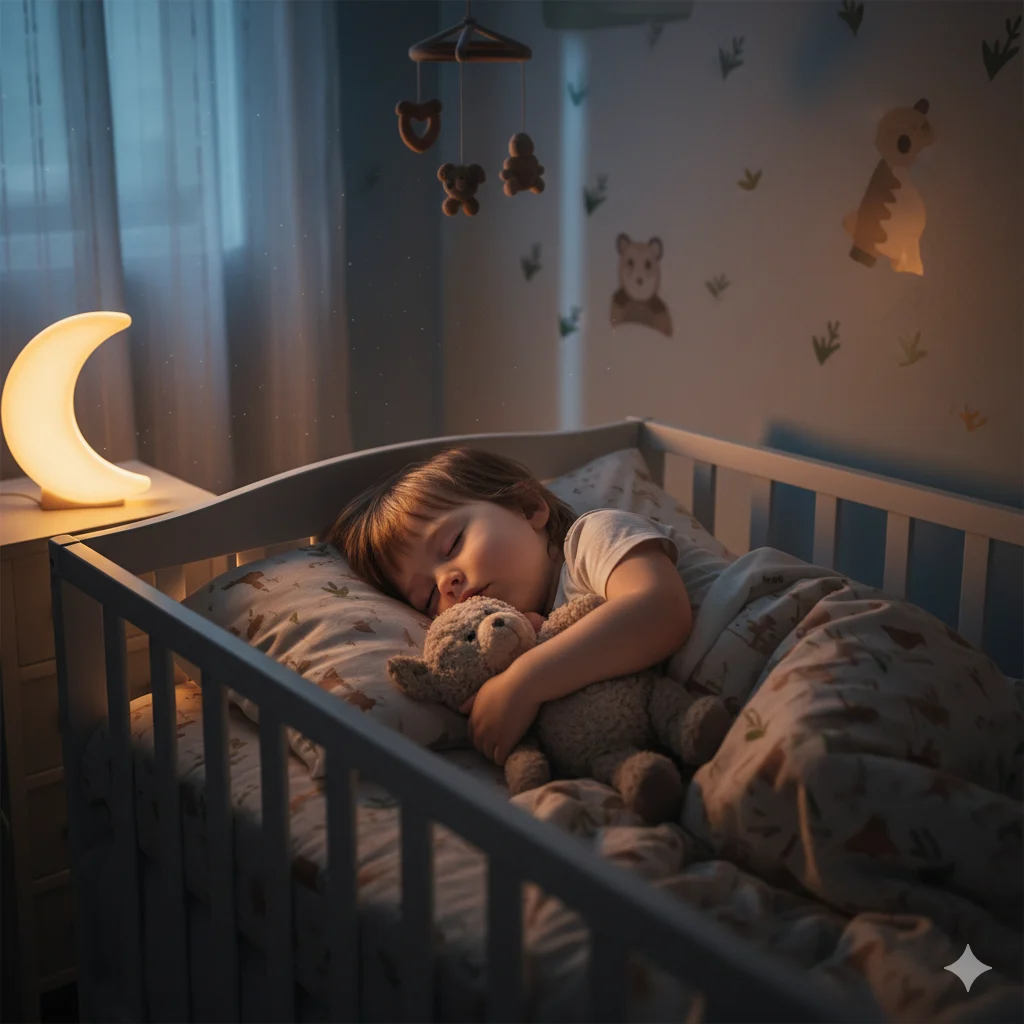 Toddler sleeping peacefully in crib with stuffed bear and dim nightlight