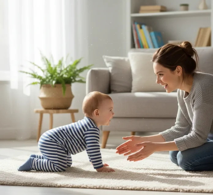 A supportive mother practicing supervised tummy time with her infant to build neurological readiness for when do babies start crawling.