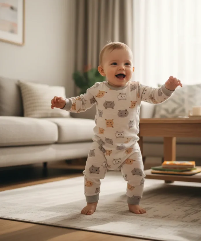 A happy 12-month-old baby standing alone without support, reaching a key developmental milestone.