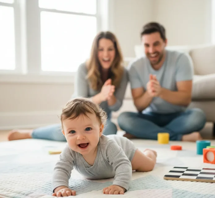 Parents supporting infant on play mat to help with when do babies roll over.