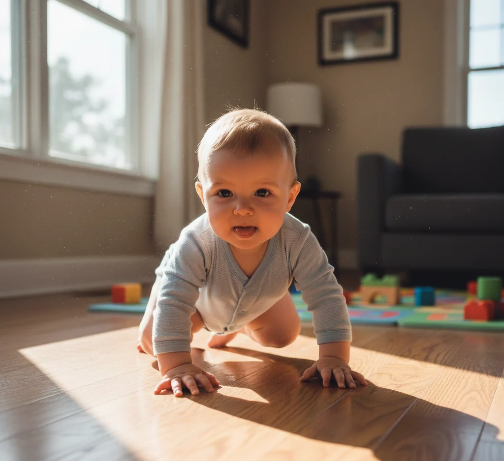 Baby performing the classic hands-and-knees crawl showing cross-lateral limb movement, , a key phase in when do babies start crawling.