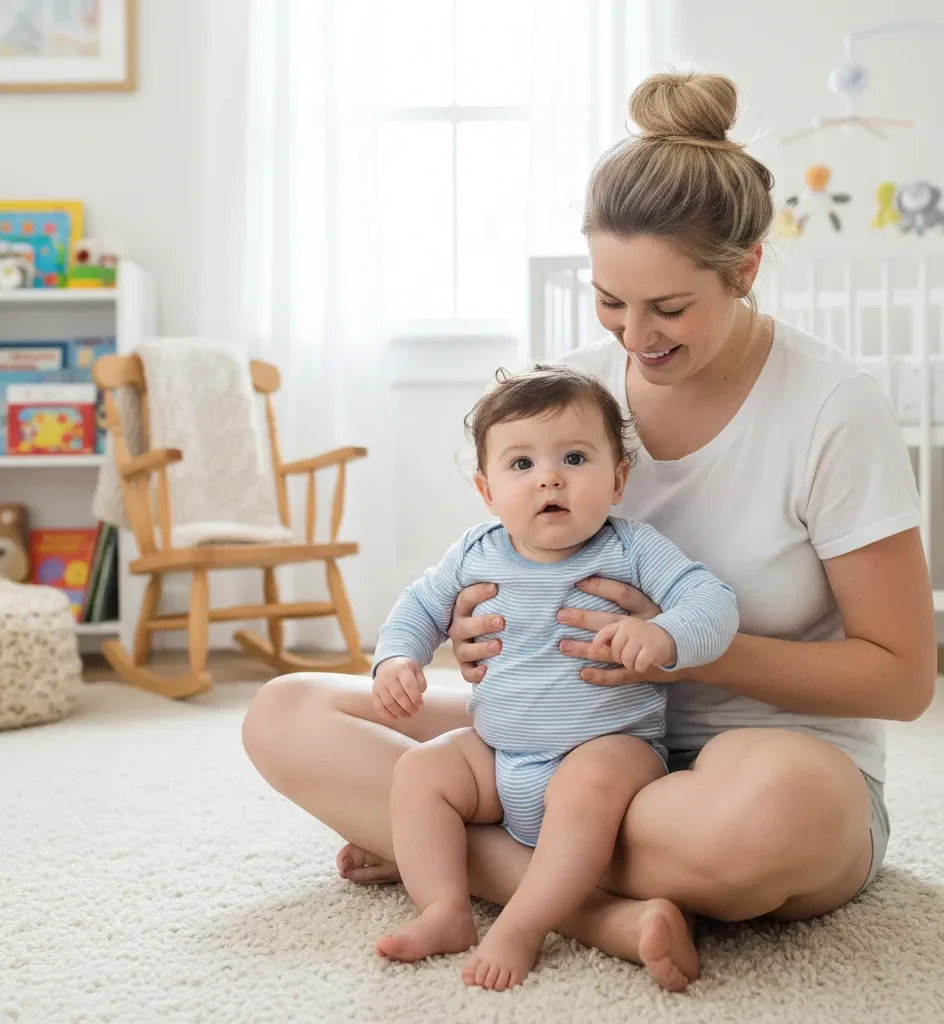 Parent practicing hip-supported sitting exercise to help baby sit up and reach the when do babies start sitting up milestone.