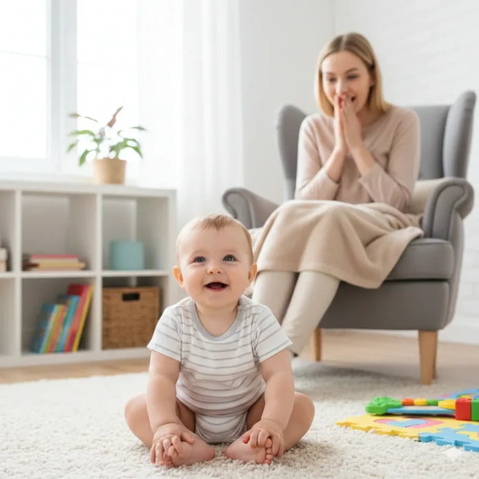 A 6-month-old baby demonstrating the independent sitting stage of the when do babies start sitting up timeline.