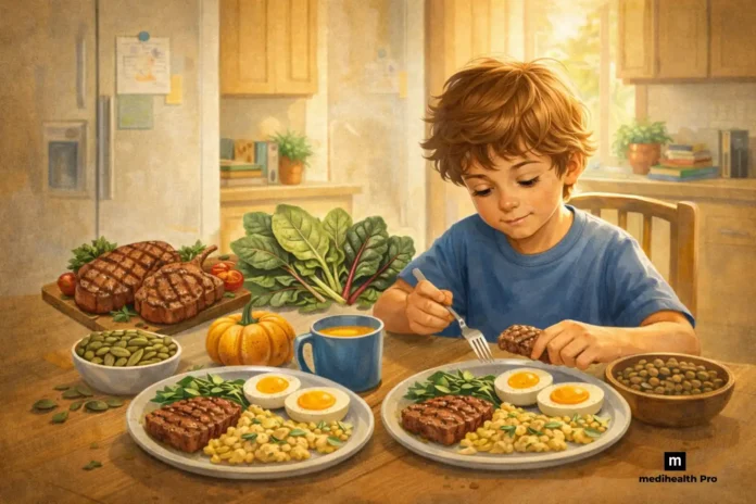 Best Diet for ADHD Kids meal with iron rich foods like eggs, beef, lentils, greens, and seeds on a child’s plate