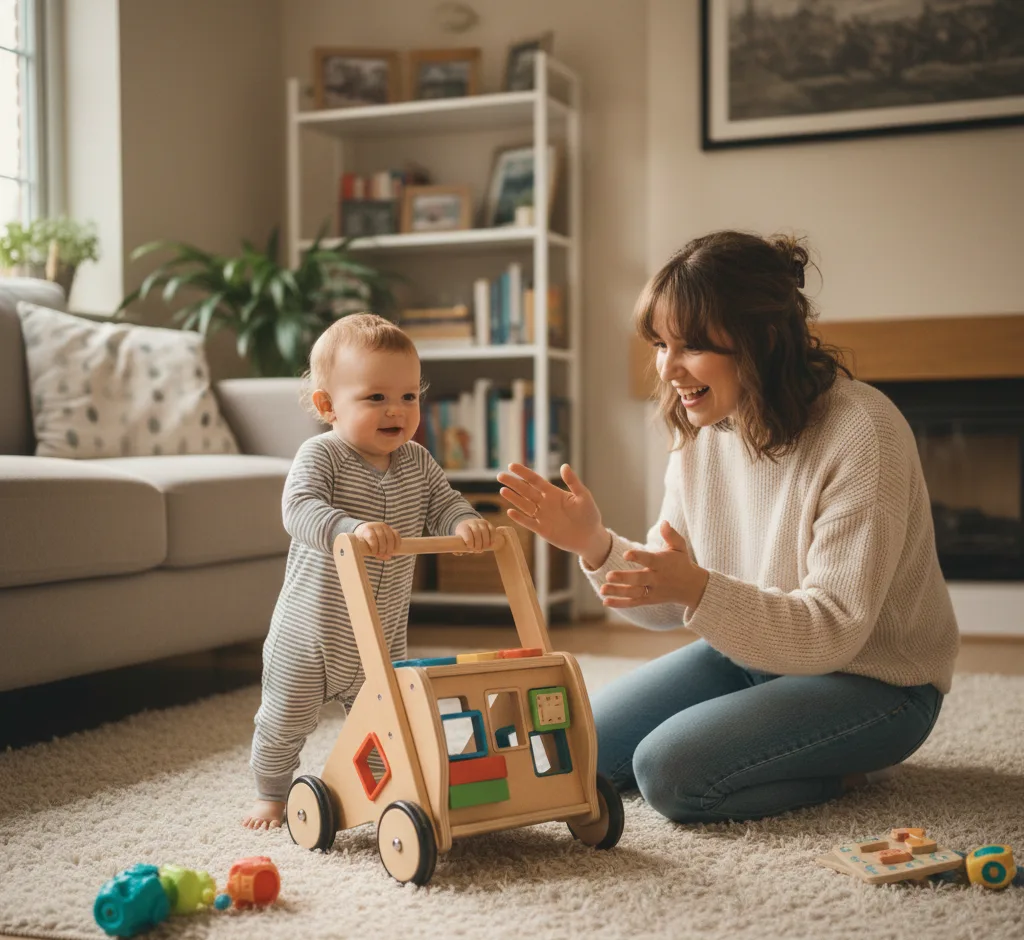 Toddler using a sturdy push toy to practice balance and independent walking steps.