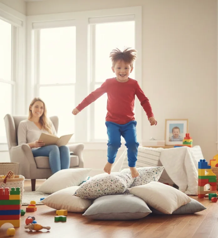 A hyperactive toddler jumping on floor pillows while a calm mother watches, illustrating ADHD vs. toddler high energy.