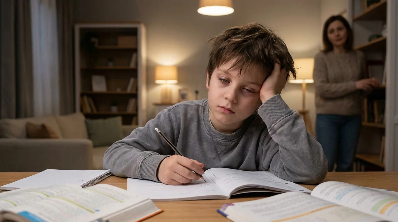 Tired child struggling to complete homework, showing fatigue and low energy linked to iron deficiency