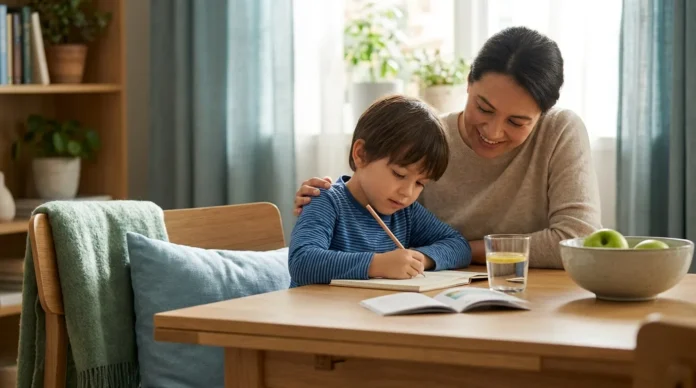 Magnesium for ADHD in Children showing calm child studying with supportive parent in a warm home environment