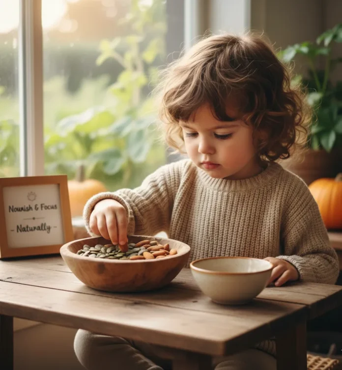 Magnesium for ADHD in children: A young child concentrating peacefully with a bowl of pumpkin seeds and almonds, representing natural ADHD support.
