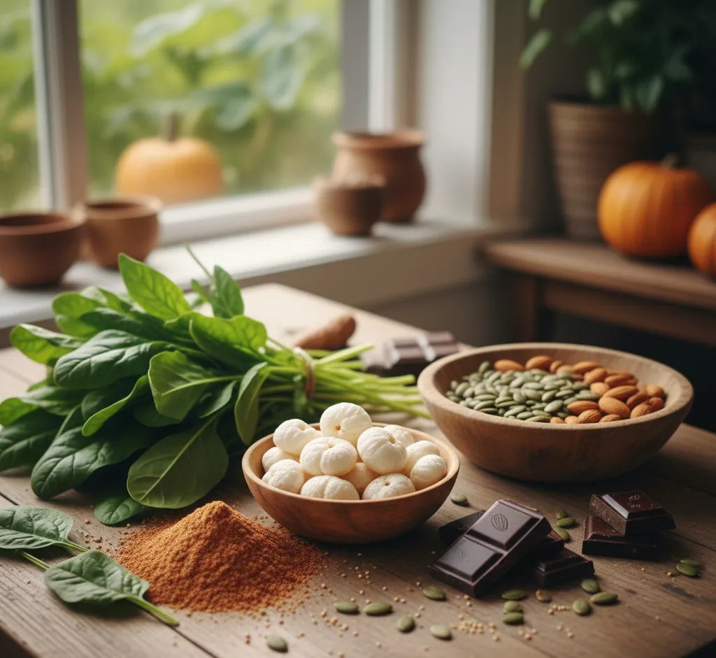 Best natural sources of magnesium for ADHD in children — Ragi, Makhana, pumpkin seeds, and leafy greens.