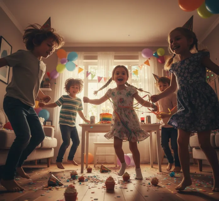 Active children at a birthday party illustrating how environmental overstimulation mimics sugar and hyperactivity in children.