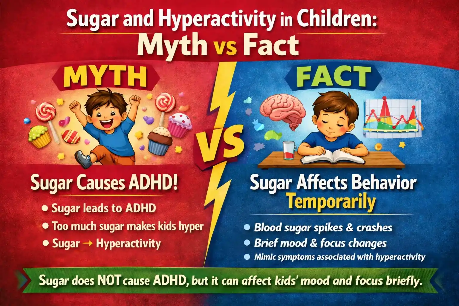Sugar and Hyperactivity in Children: Myth vs Fact Infographic Infographic showing myth vs fact about sugar and hyperactivity in children: sugar does not cause ADHD but can temporarily mimic hyperactive behavior