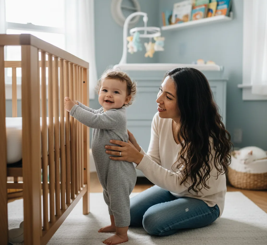 Baby practicing supported standing at a crib rail to develop leg strength and balance for walking — when‑do‑babies‑start‑walking milestone.