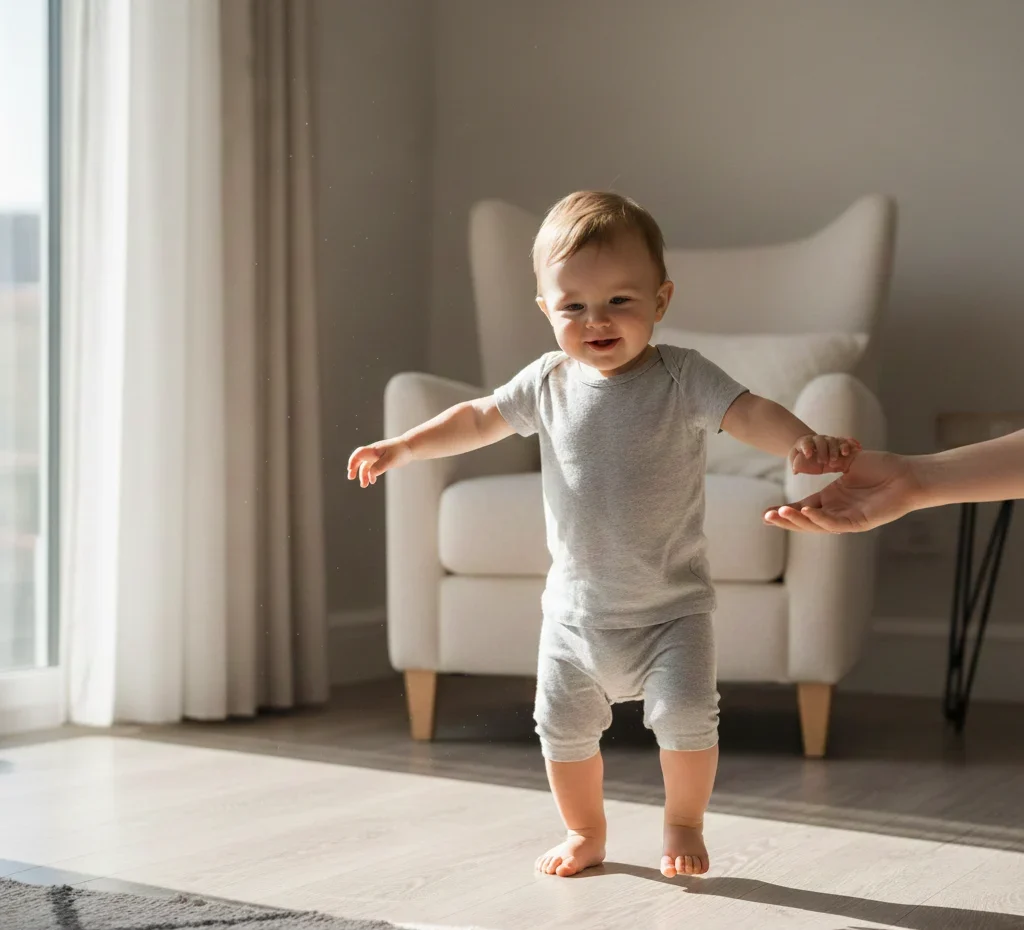 A toddler engaging in barefoot balance practice on a play mat to help with when babies start walking.
