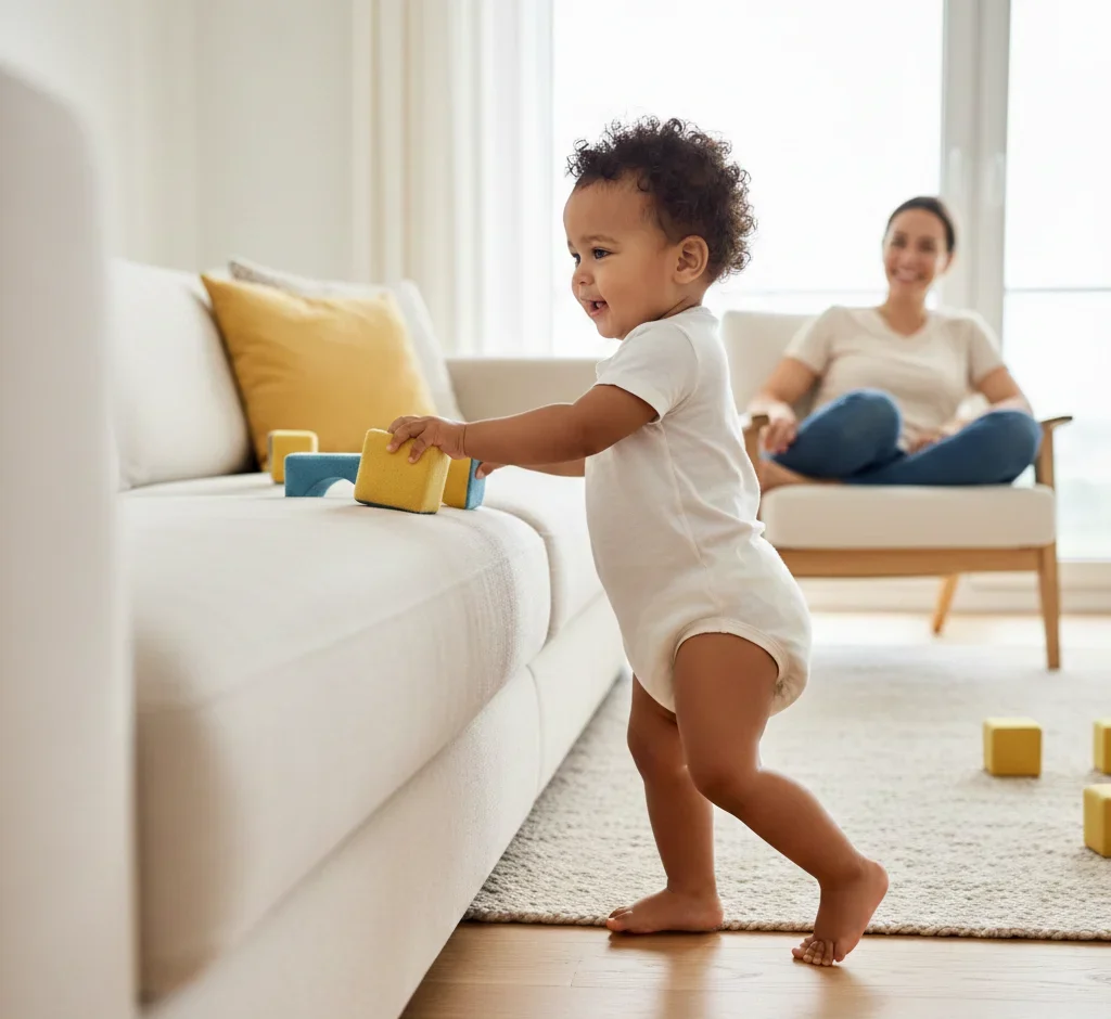Baby cruising along a white sofa to build hip strength and balance before walking independently.