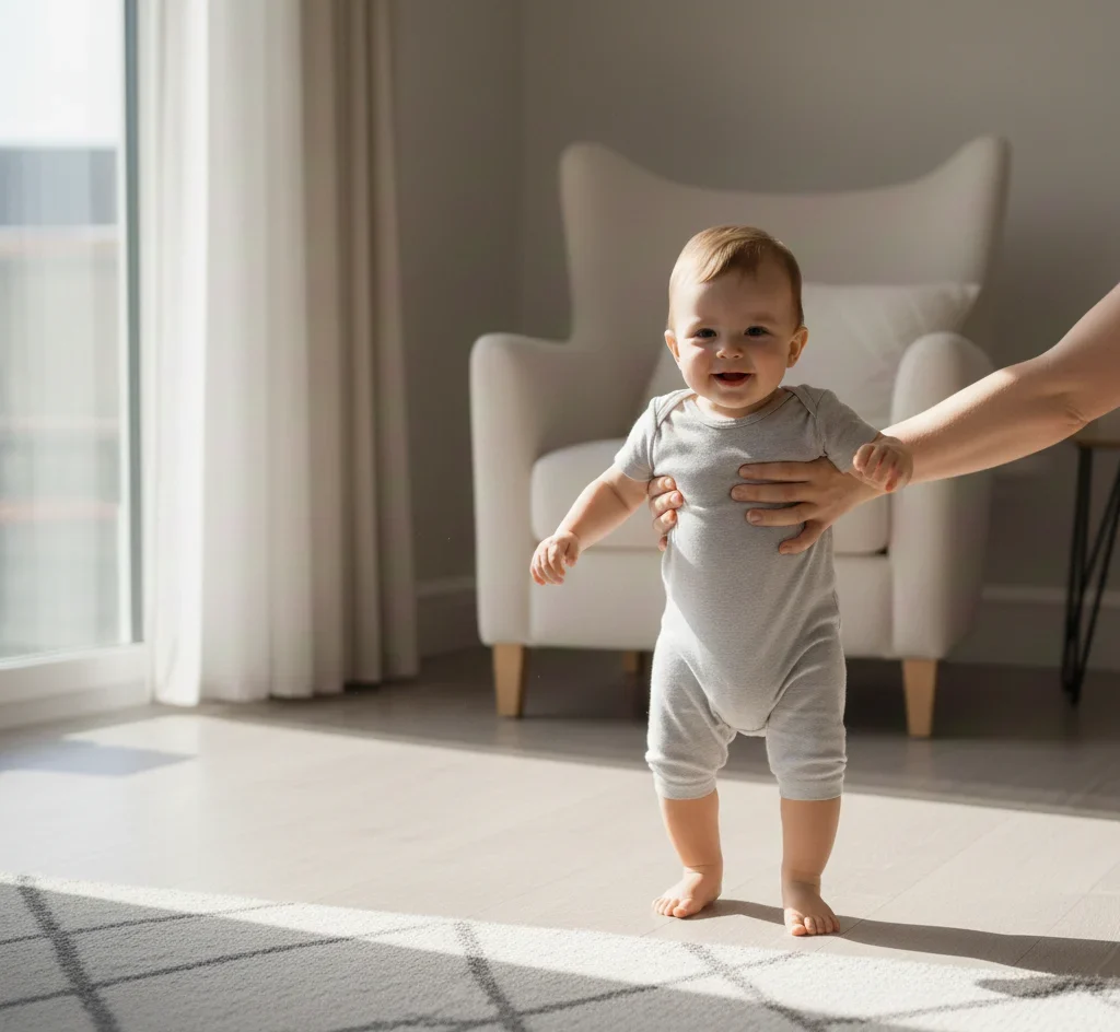 Parent and child performing hand-holding walks to build the confidence and stepping patterns needed for when do babies start walking.
