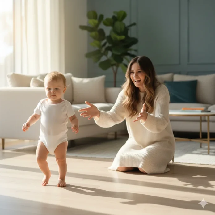 Baby taking independent first steps to show when do babies start walking.