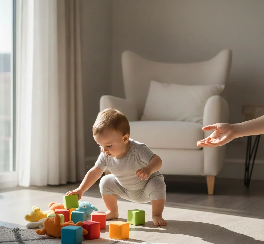 A toddler performing squat-to-stand games to build leg strength for when do babies start walking.