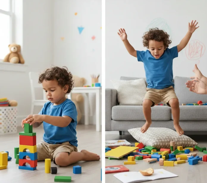 A split-screen comparison showing typical 3-year-old purposeful play with blocks versus hyperactive jumping, illustrating ADHD or Normal 3-Year-Old Behavior.