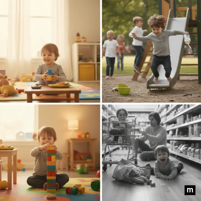 Comparison of toddler behavior during structured play and hyperactive movement, illustrating how ADHD toddler activities and routines support focus and calm.