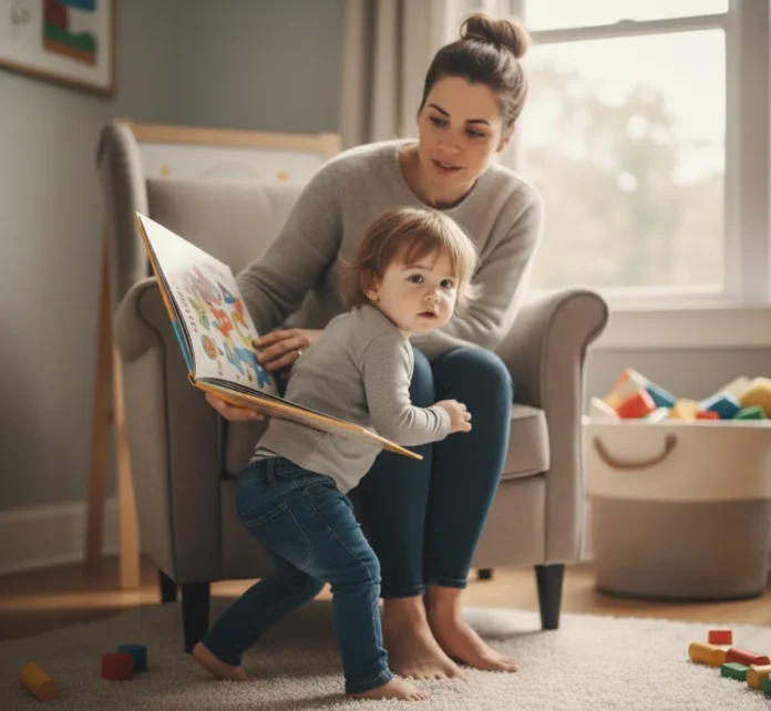 A restless child moving away from a book, illustrating early signs of ADHD in toddlers and physical hyperactivity.