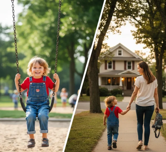Split-screen showing a child playing at a park and then walking home happily with his mom, illustrating ADHD transition difficulties.