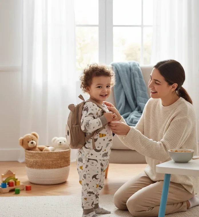 Mother helping ADHD toddler with backpack during calm morning routine