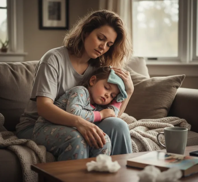 Tired mother checking toddler's forehead for fever with a calendar in the background, illustrating a child sick every two weeks daycare cycle and potential immune system red flags.