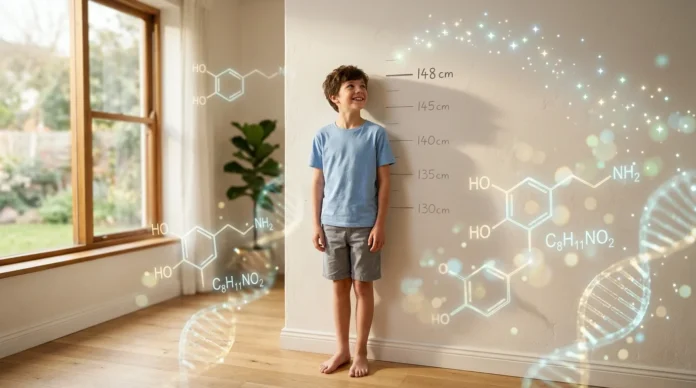 A child standing by a height chart with glowing molecular DNA overlays, illustrating clinical evidence on Does ADHD Medication Delay Growth and Puberty.