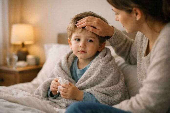 Child cold, flu or allergy symptoms shown in a young child sitting on bed with parent checking forehead
