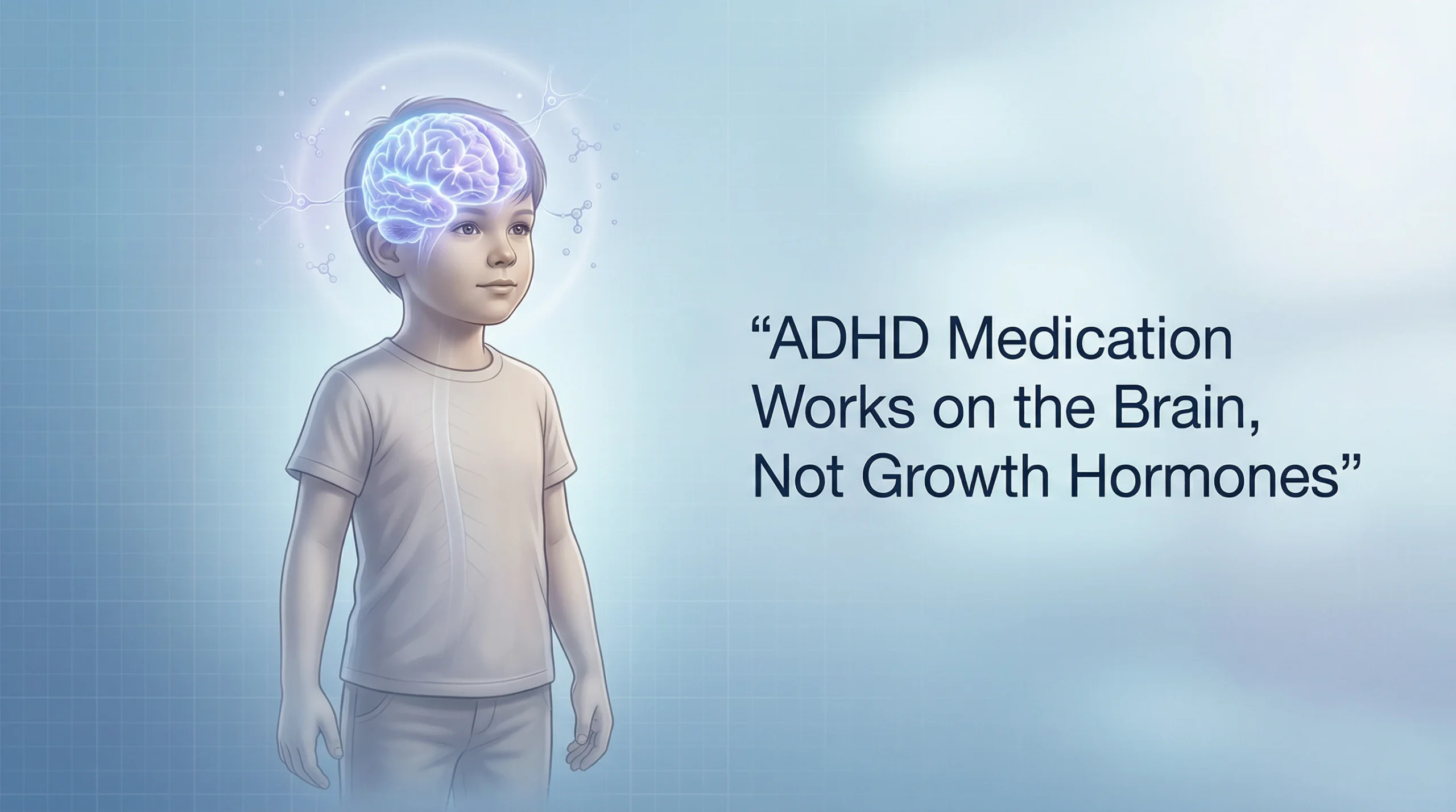 Does ADHD medication delay puberty or affect growth in children, medical illustration showing ADHD medication working on the brain while growth hormones remain unaffected, explaining child development and puberty safety