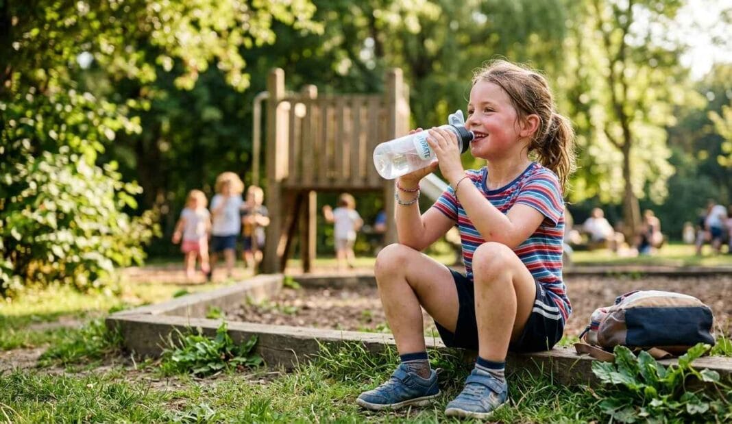 Child drinking water from a bottle after outdoor play representing daily water intake for children ages 4–13.