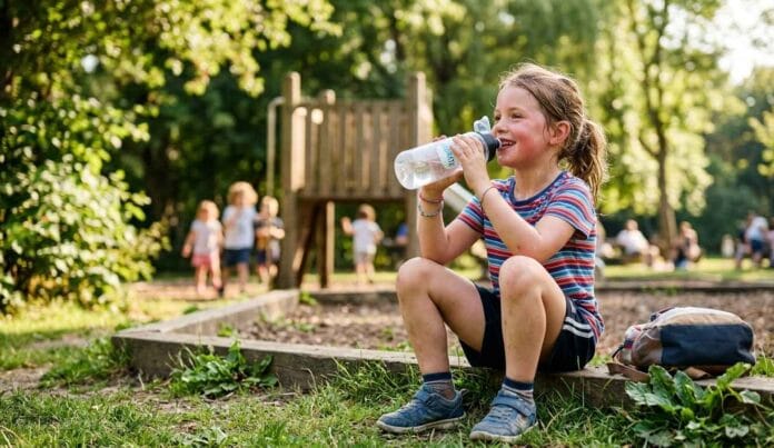Child drinking water from a bottle after outdoor play representing daily water intake for children ages 4–13.