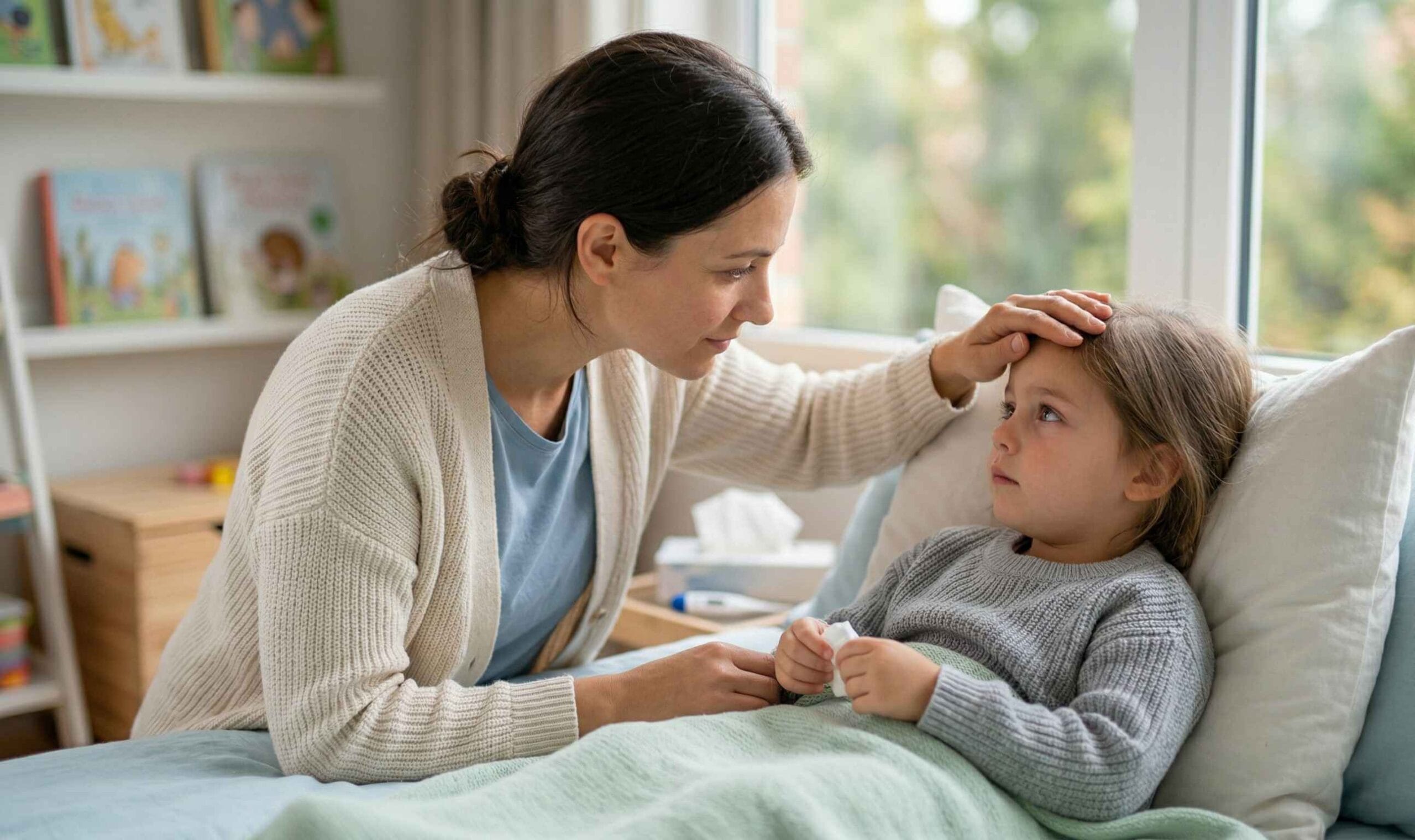 A mother checking a child’s temperature to identify Child Cold, Flu or Allergy Symptoms based on fever intensity.