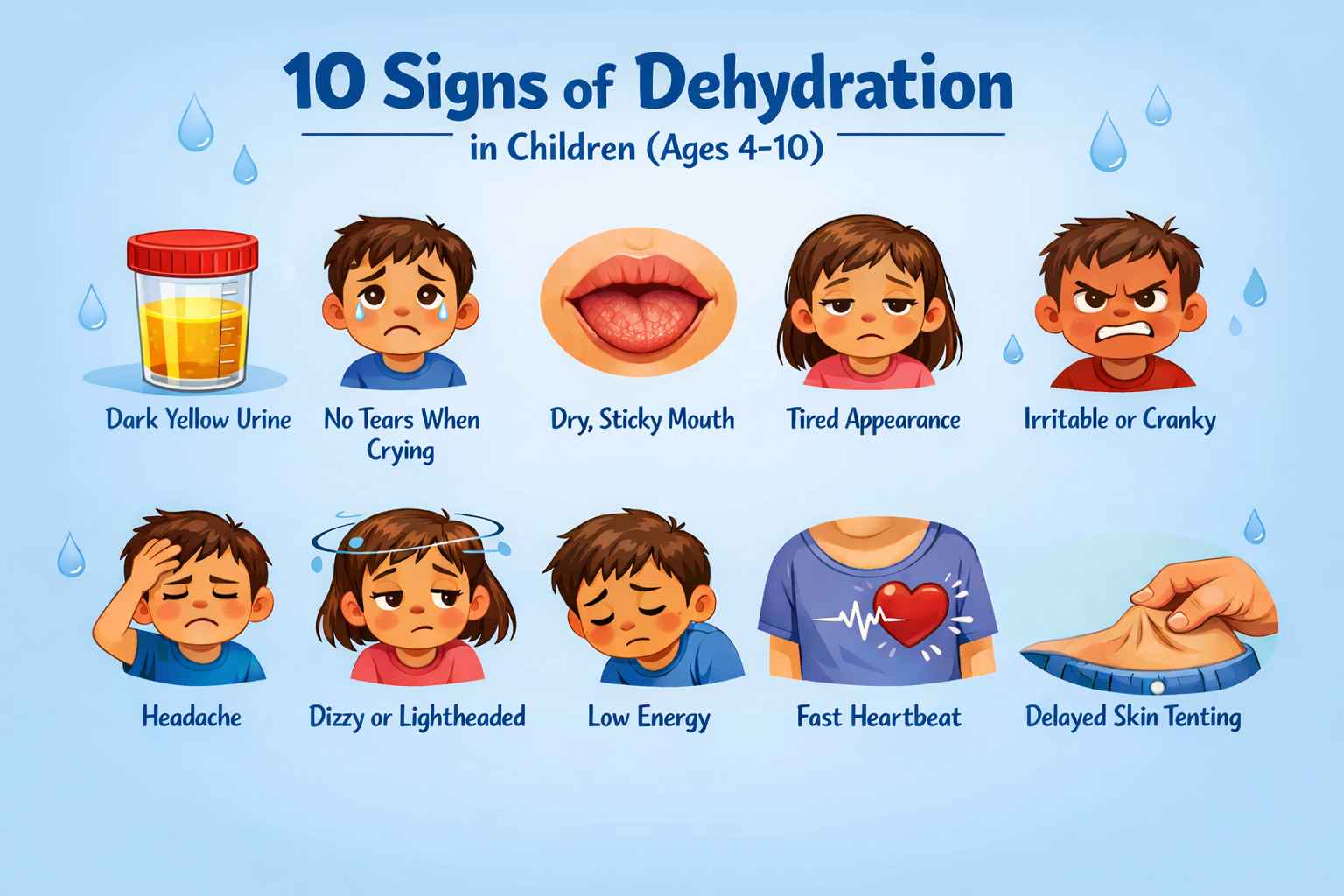 Infographic showing 10 signs of dehydration in school-age children (ages 4–10)