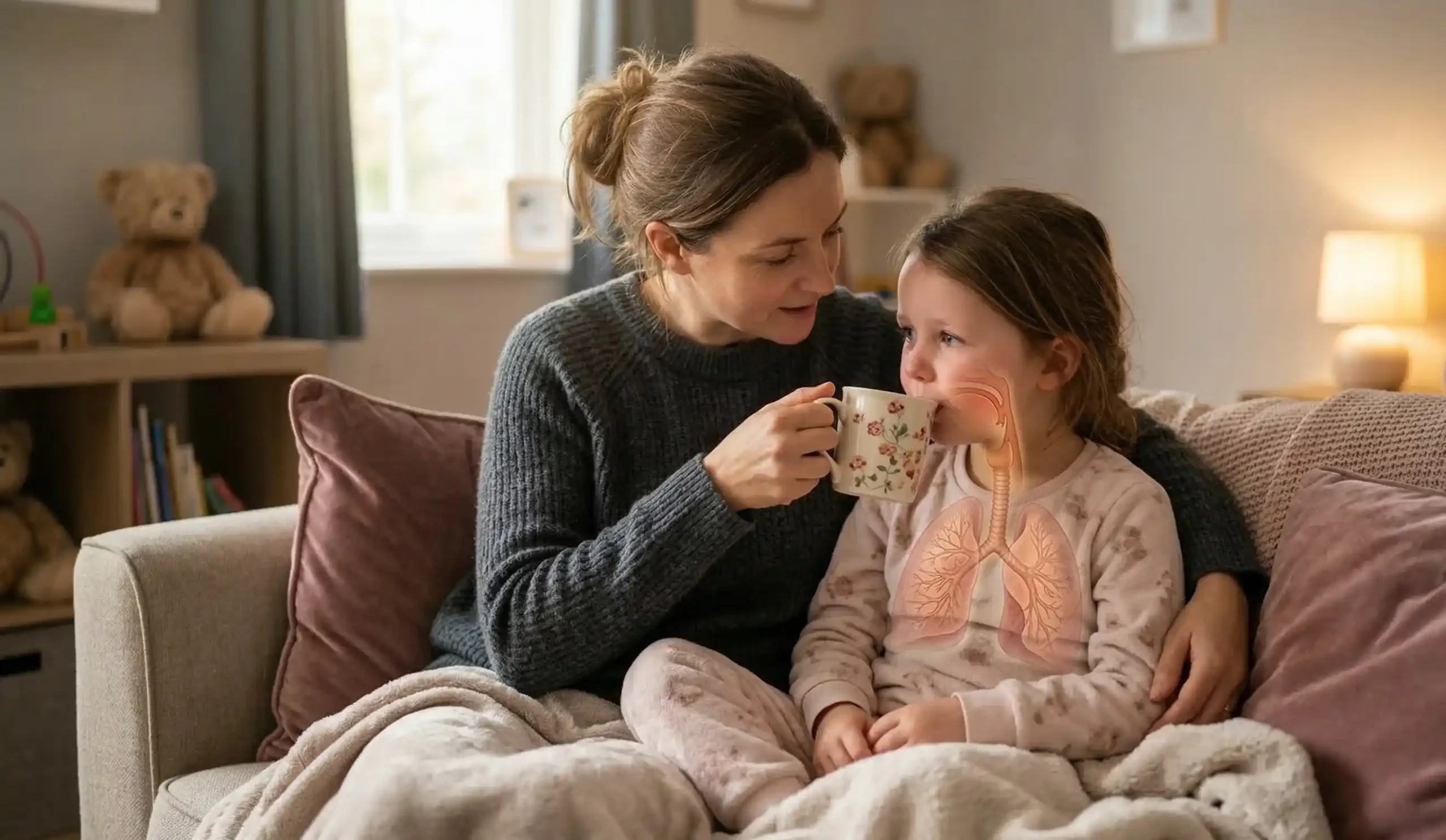 A mother comforting a young girl drinking from a mug, featuring an anatomical overlay of lungs and airways to illustrate a persistent cough in a child without a fever.