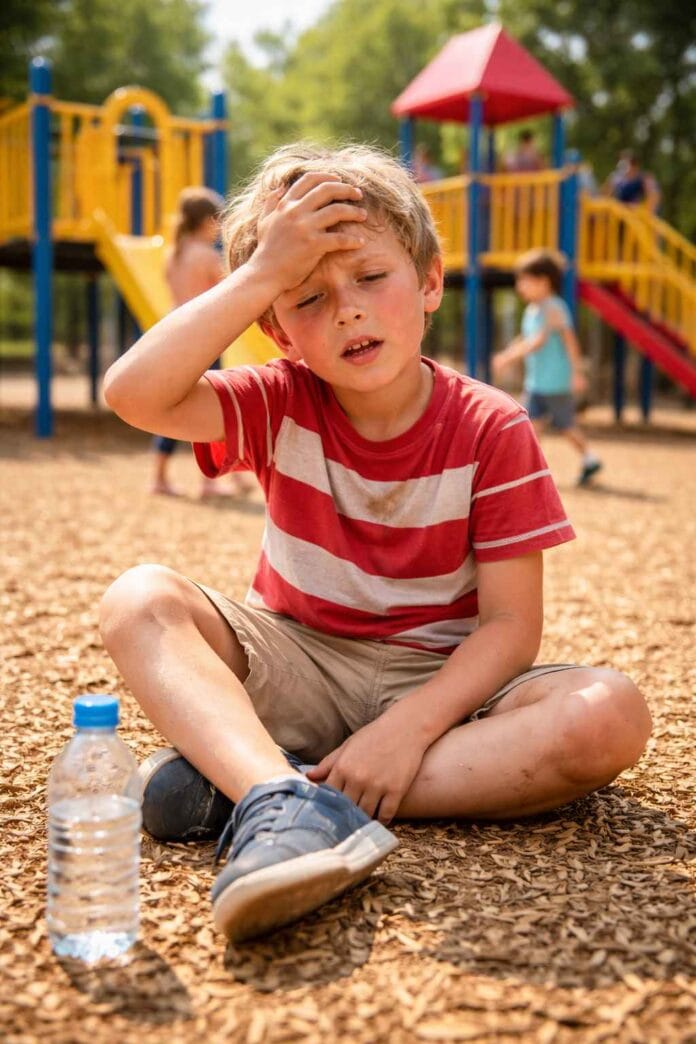 A 7-year-old child sitting on a playground looking exhausted and thirsty, illustrating signs of dehydration in school-age children.