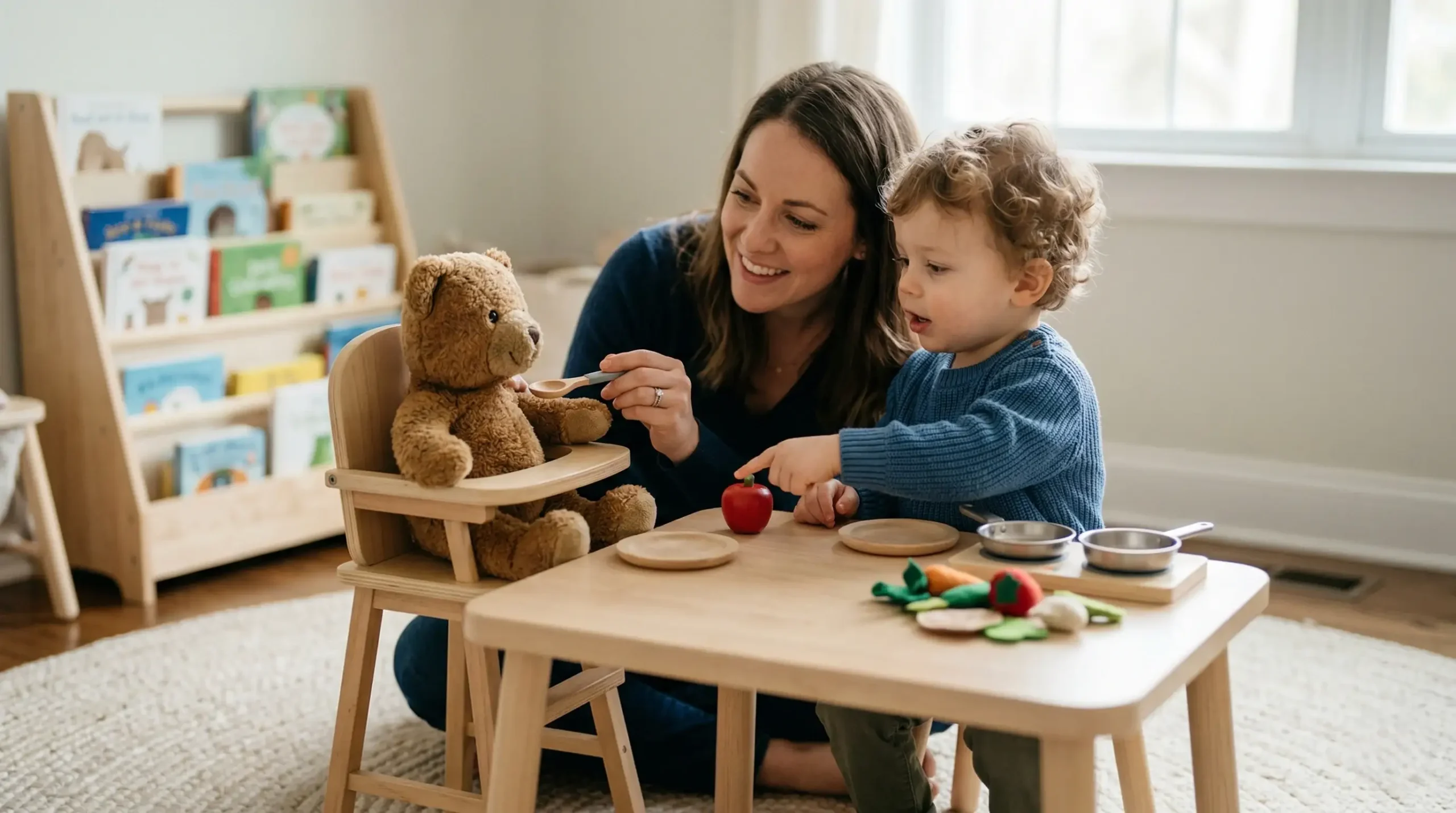 A parent and child practicing pretend play with a toy bear to help when a 2-year-old is not talking.