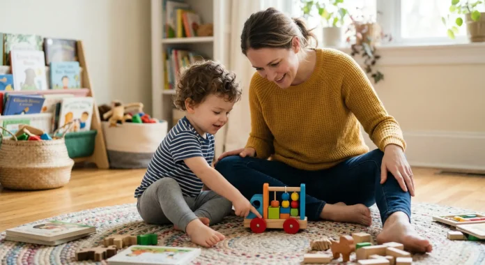 A 2-year-old toddler and parent engaged in joint attention and pretend play to encourage speech development