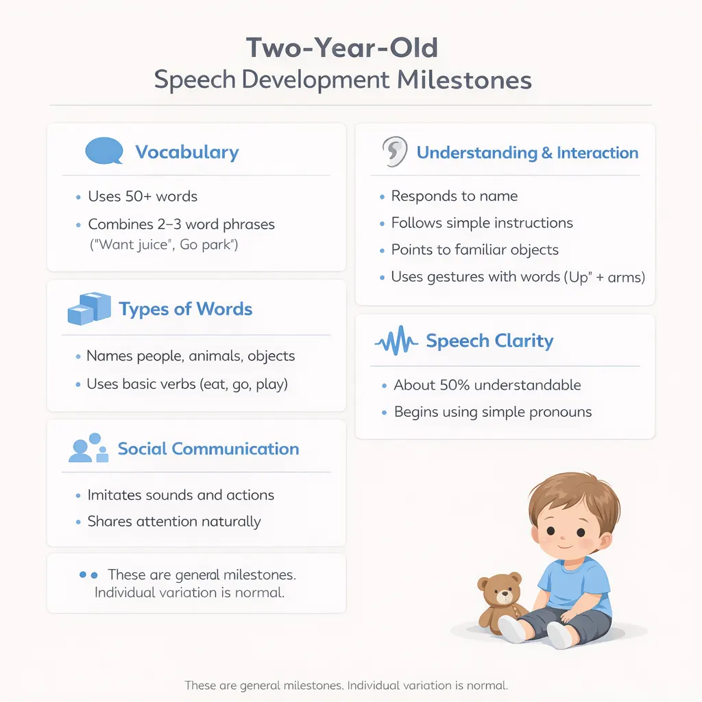 Infographic of 2-year-old speech development milestones based on CDC and AAP 2022 guidelines.