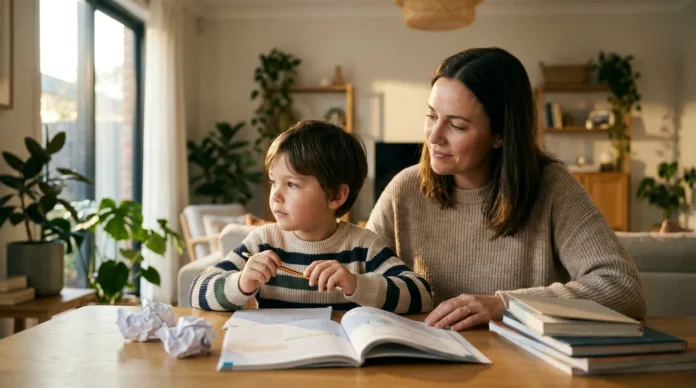 ADHD in children guide mother supporting distracted child during study at home