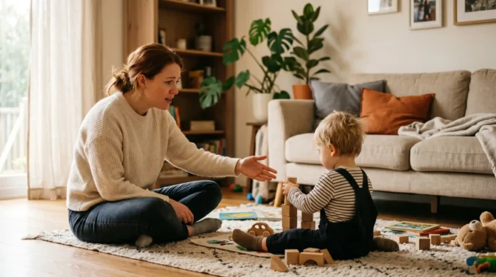 Worried mother calling a 15-month-old baby not responding to name while playing with wooden blocks.