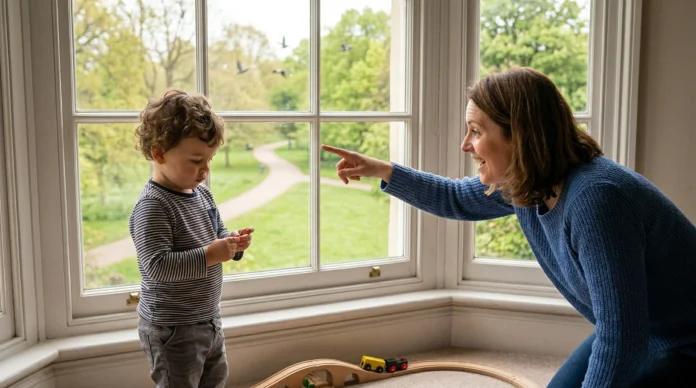 A mother pointing at a bird outside a window while her 18-month-old child looks away, illustrating a lack of joint attention as one of the early autism signs in 18-month-olds.